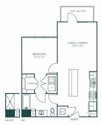 Floor plan for 1 bed, 1 bath, 732 sqft